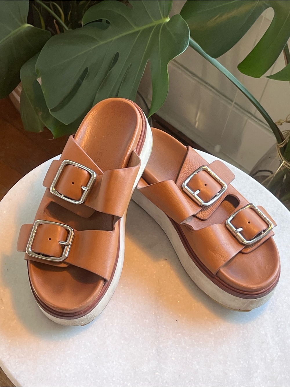J/Slides Bowie Double Buckle Leather Platform Slide Sandals - Tan